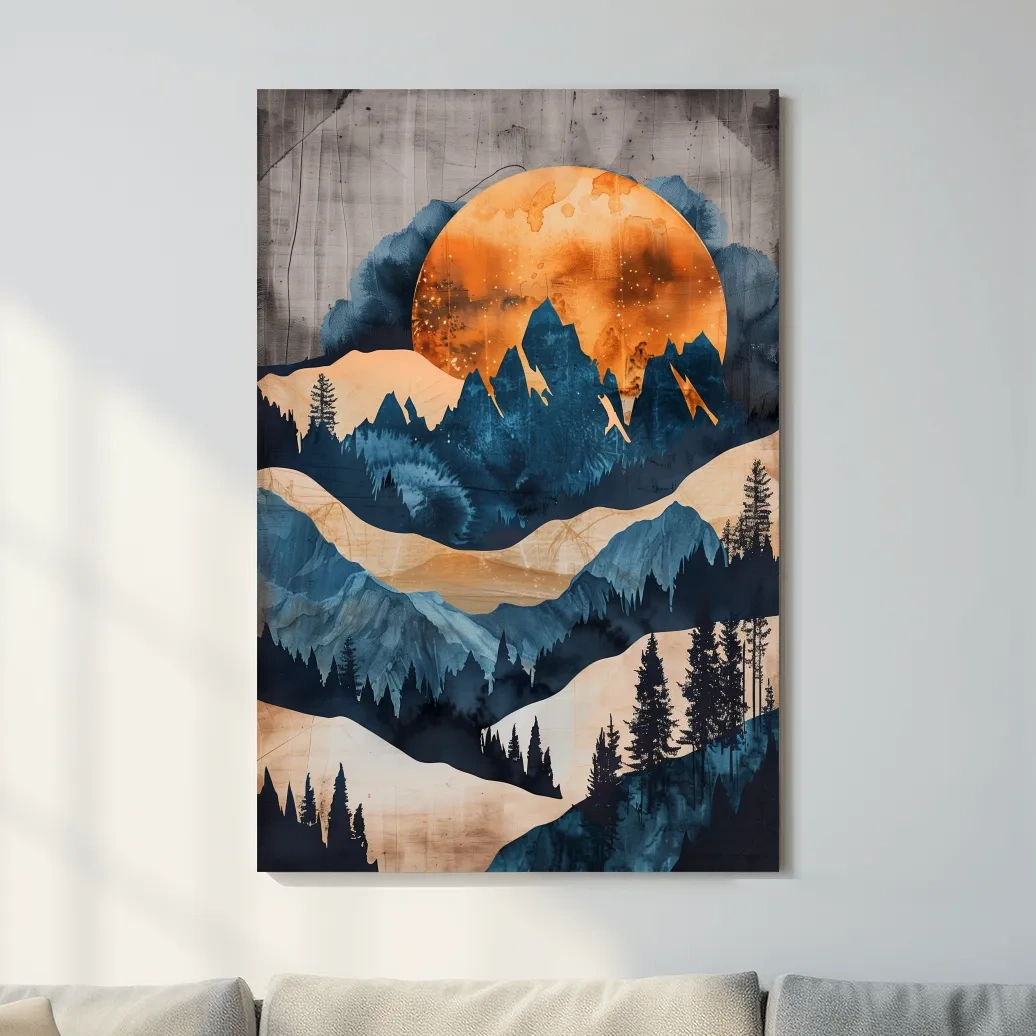 Abstract mountain and forest artwork at sunset, mixed media watercolor style art