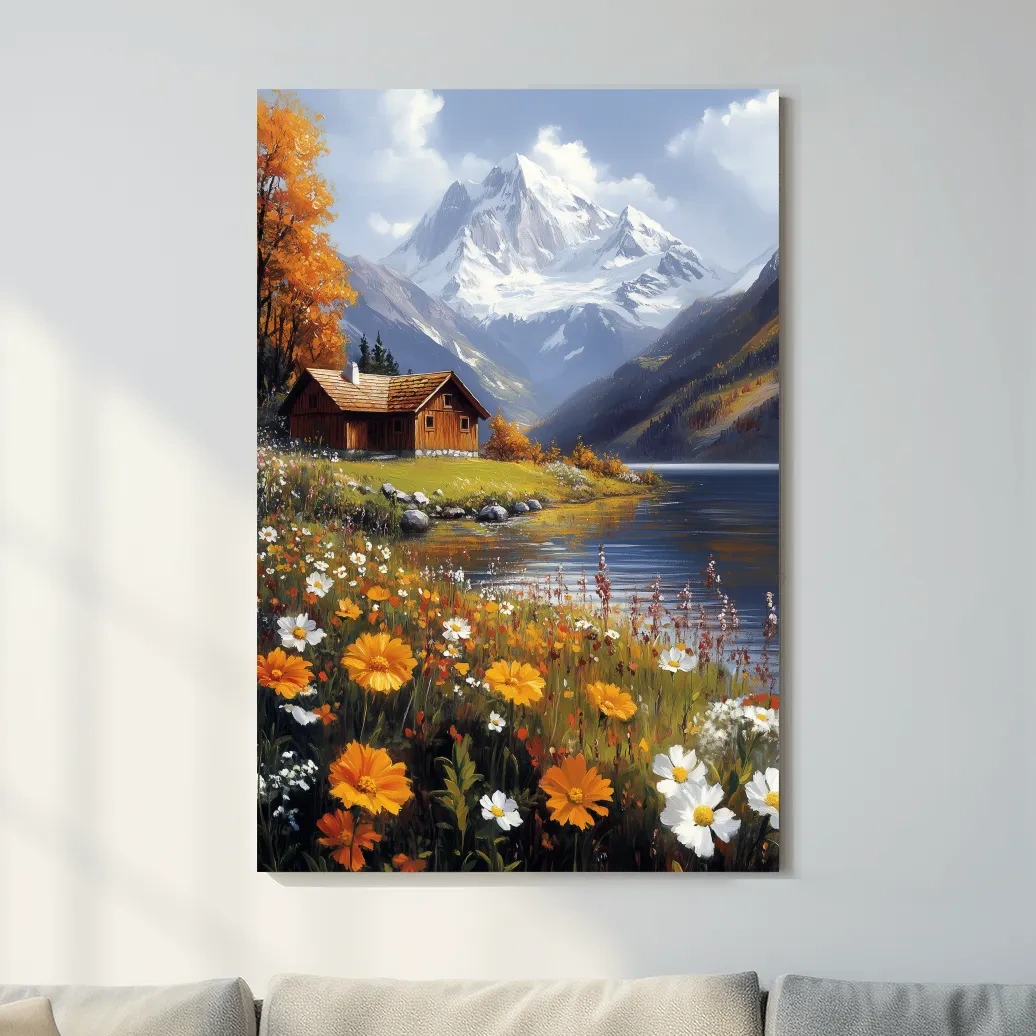 Impressionist painting of a lakeside cabin in the alpine meadows beneath a glacier