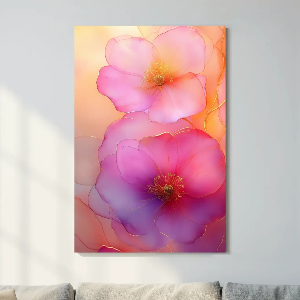 Ethereal Pink Watercolor Blossoms With Gold Accents - Floral Botanical Wall Art
