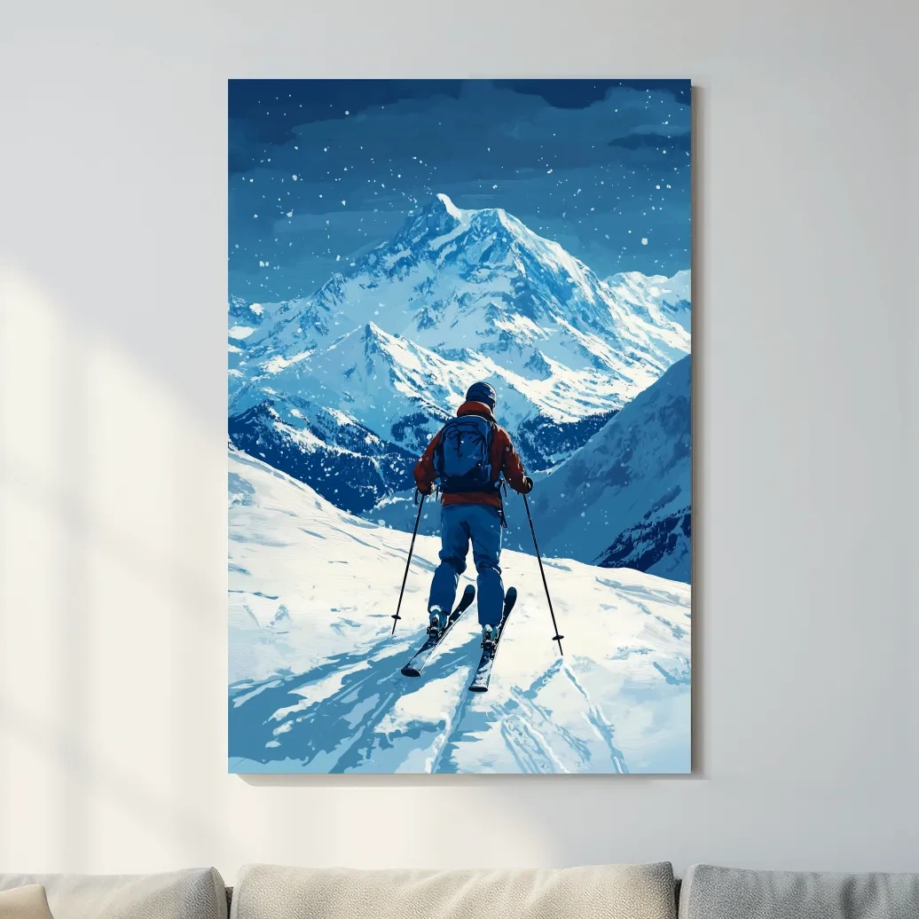 Painting of a backcountry skier in the snow, ski wall art