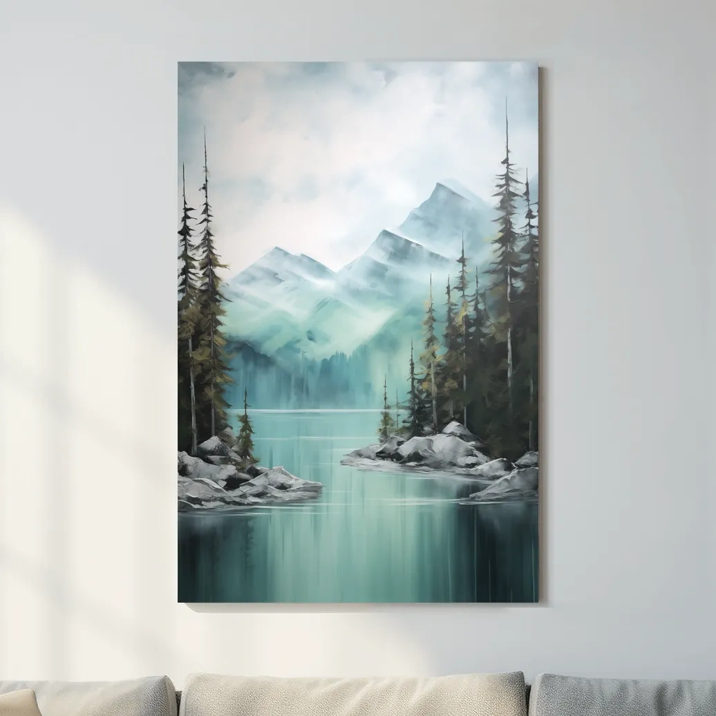Misty Turquoise Mountain Lake Landscape - PNW Watercolor Forest Wall Art