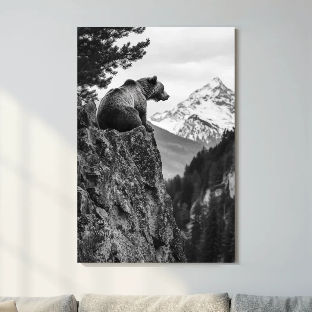 Grizzly bear taking in a mountain view, photographic wildlife wall art