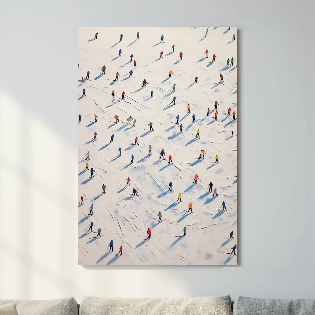 Lots of little skiers in a ski resort, textured painting effect