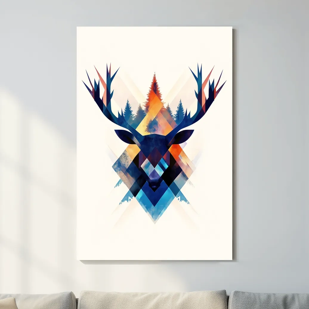 Geometric Watercolor Deer Head Silhouette - Modern Wildlife Forest Wall Art