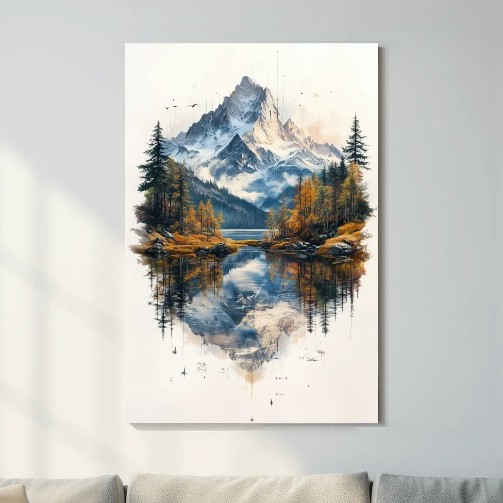 Misty Alpine Mountain Lake Painting - Autumn Pine Forest Tattoo Style Wall Art