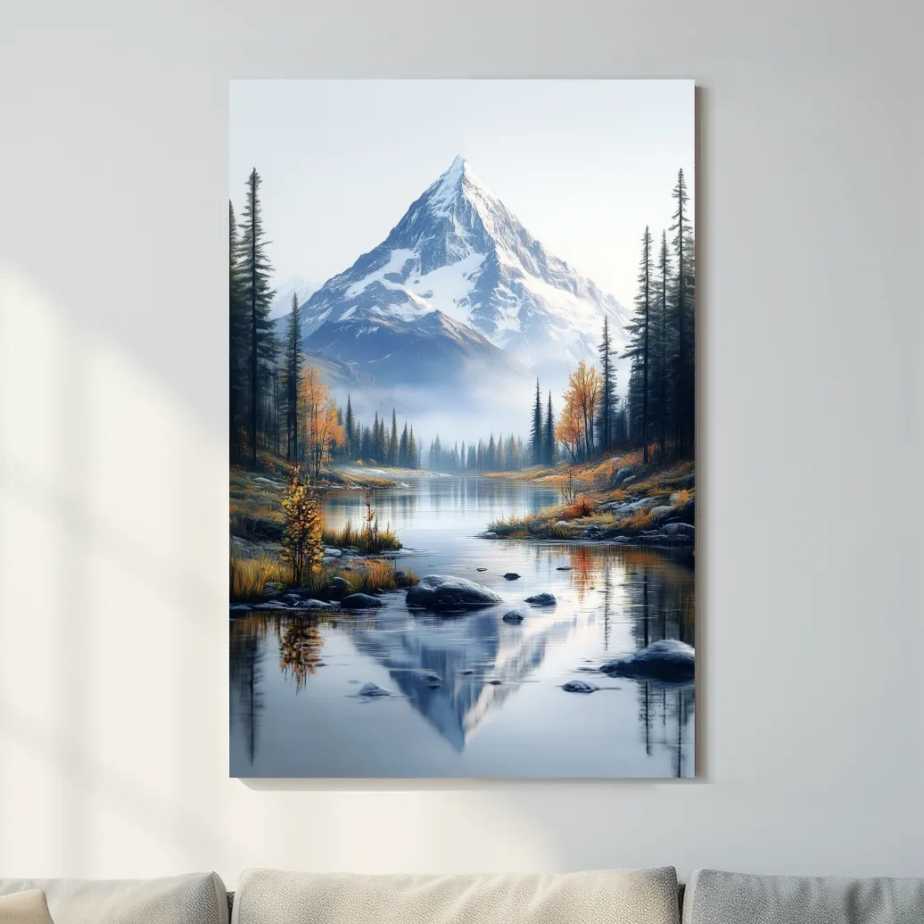 Lake beneath a glacier in the alpine meadows in fall, mountain wall art