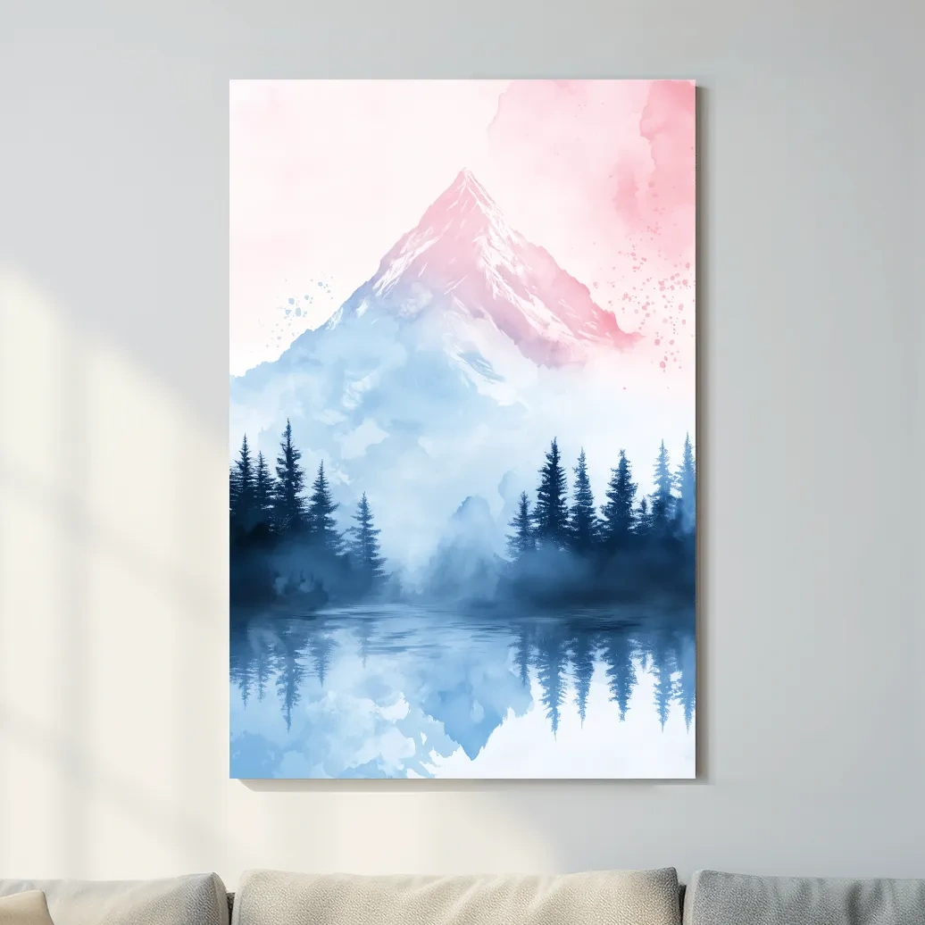 Pastel mountain watercolor painting, foggy forest by an alpine lake