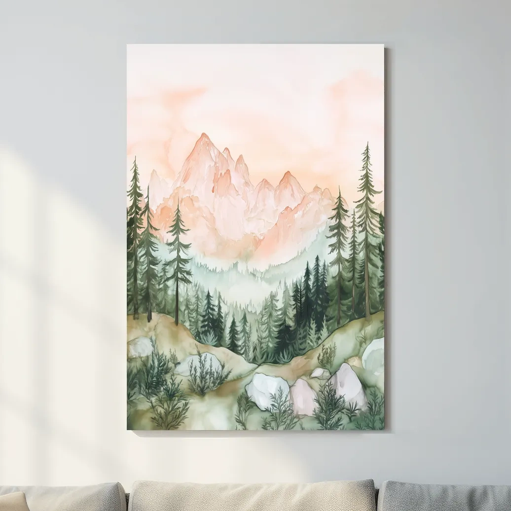 Alpine mountain forest watercolour painting wall art, pastel colors