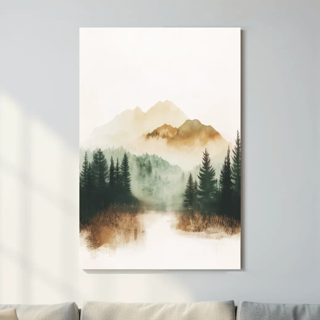 Foggy alpine forest painting, minimal watercolor wall art