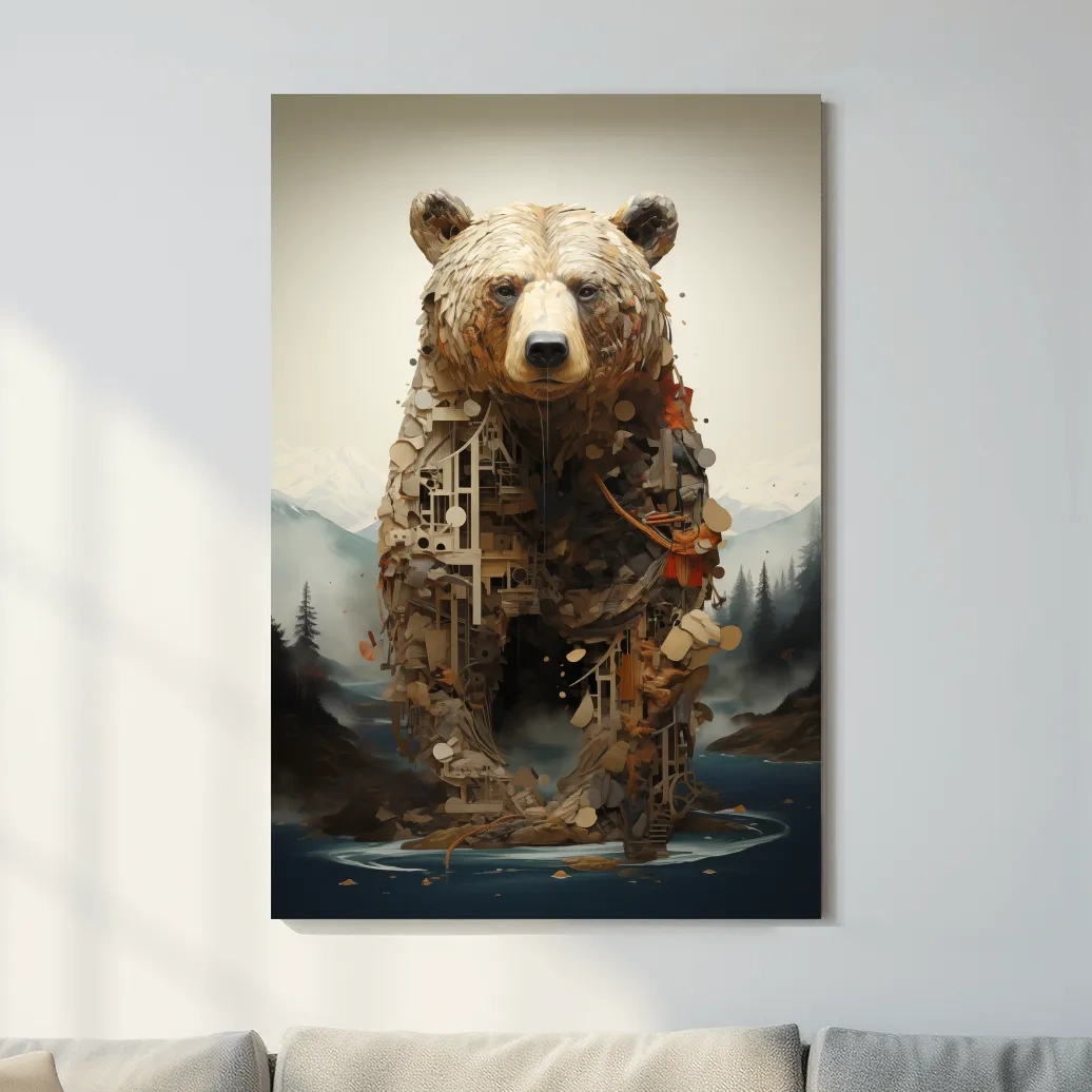 Surreal Grizzly Bear Collage Illustration - MC Escher Style Wildlife Wall Art
