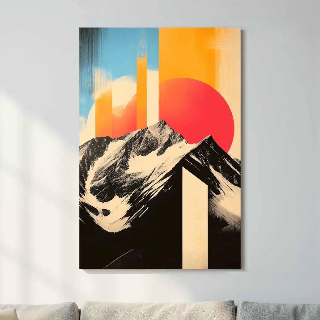Modern abstract alpine mountain art, bold retro style geometric shapes
