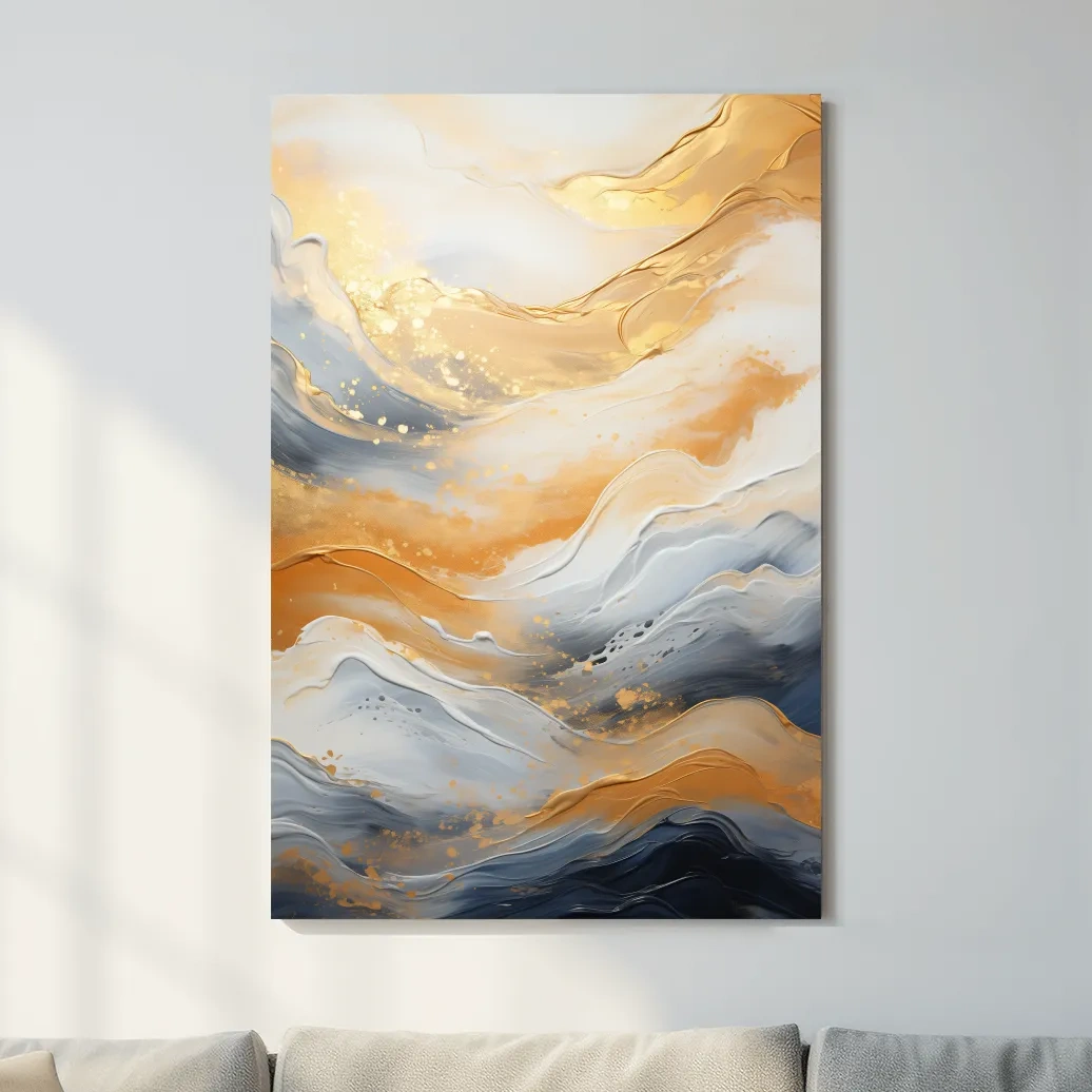 Golden abstract mountain wall artwork, swirling style painting