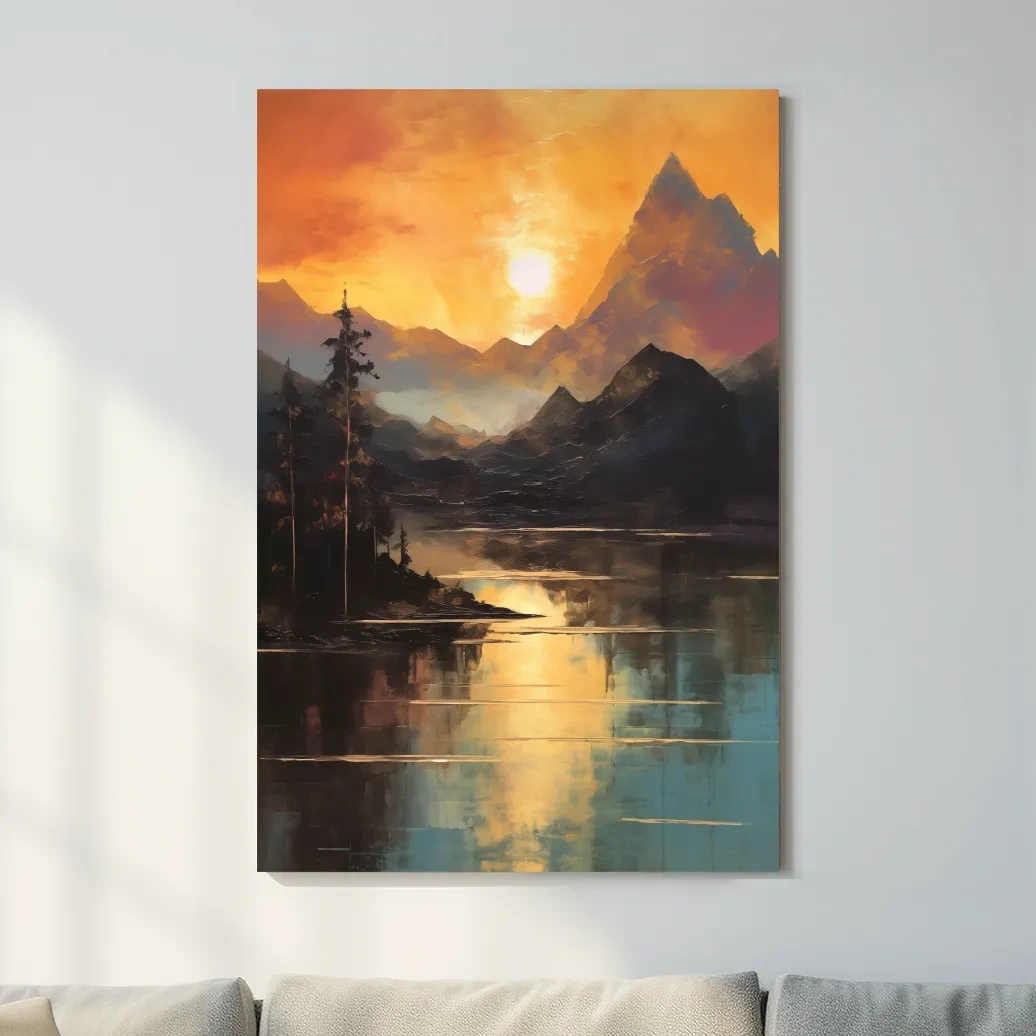 Sunrise mountain lake artwork, oil painting print wall art