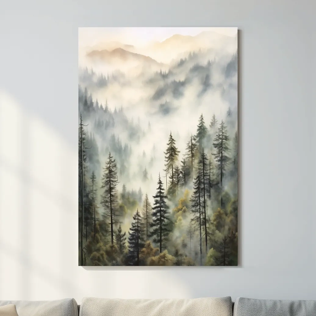 Painting of fog rolling through mountains and trees