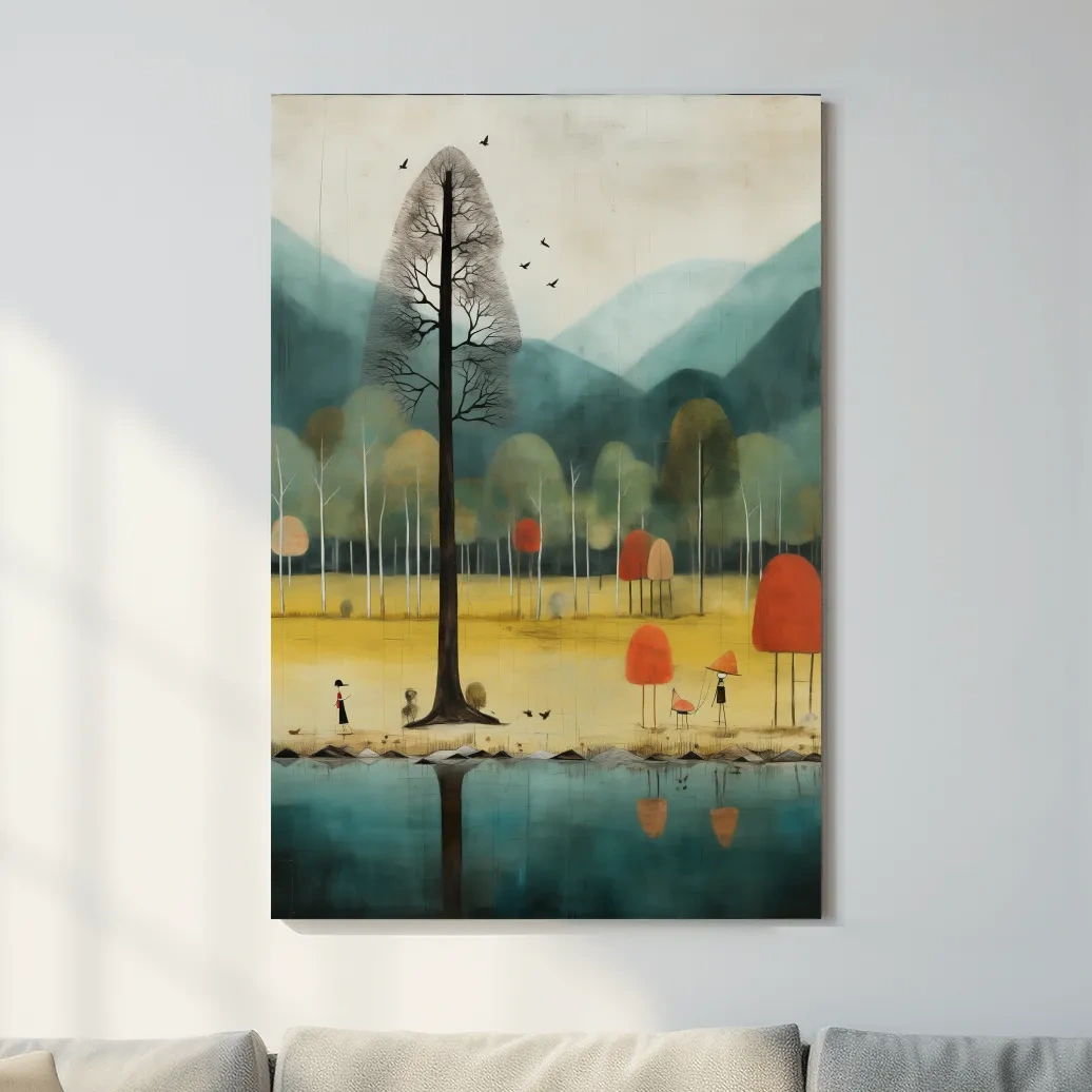 Quirky characters by a lake in fall, textured painting effect, whimsical autumn forest wall art print