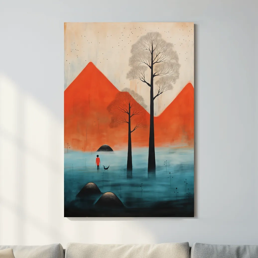 Surreal mountain artwork,rustic textured painting effect, dreamlike landscape wall art