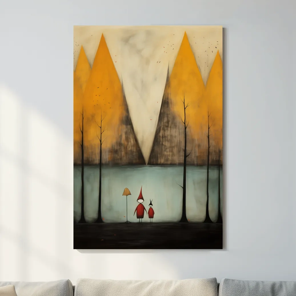Quirky painting of people by a lakeside mountain scene in fall, whimsical forest scene artwork