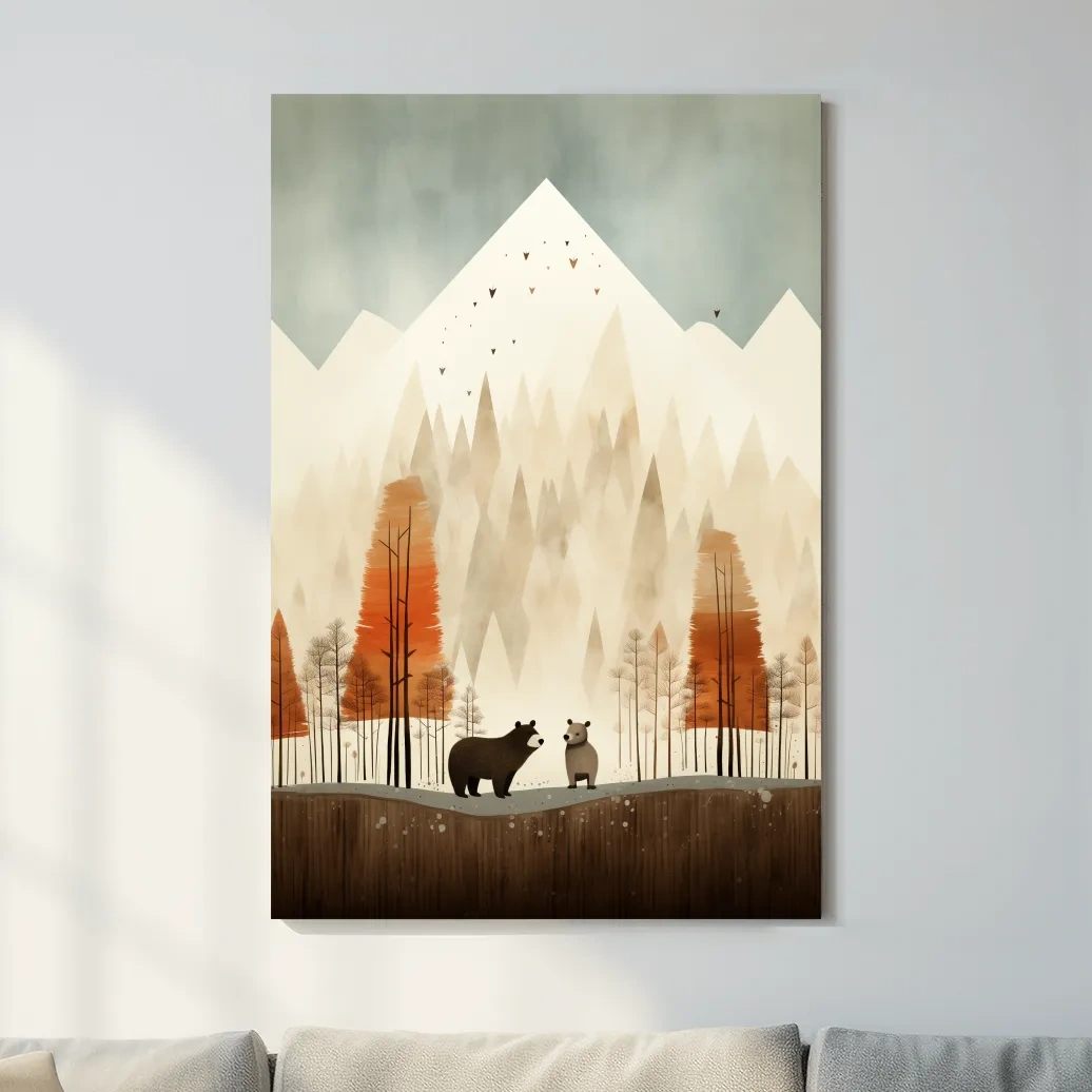 Bears in the forest in autumn, quirky childrens art illustration