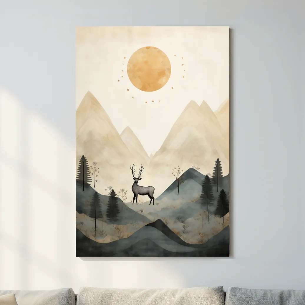 Boho Deer In Misty Mountains - Woodland Landscape Wall Art