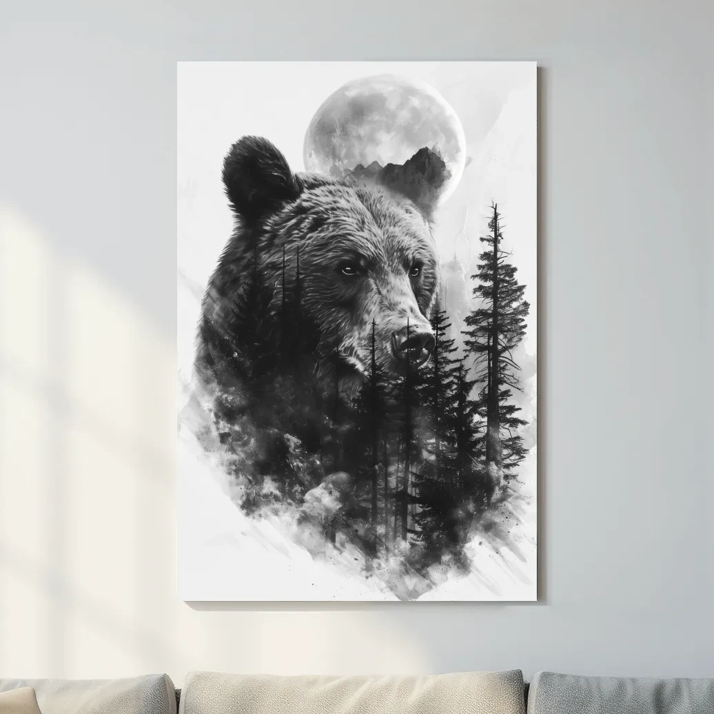 Drawing artwork of a bear, forest and moon, double exposure charcoal drawing style