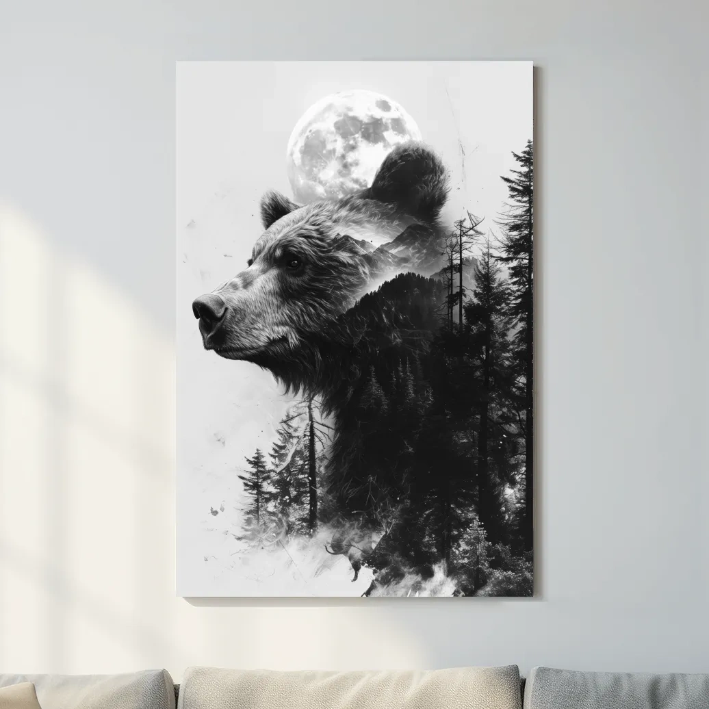 Grizzly Bear Double Exposure Drawing - Moonlit Pine Forest Wildlife Wall Art