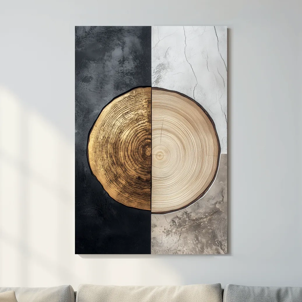 Rustic bohemian style tree ring artwork, split texture wood wall art