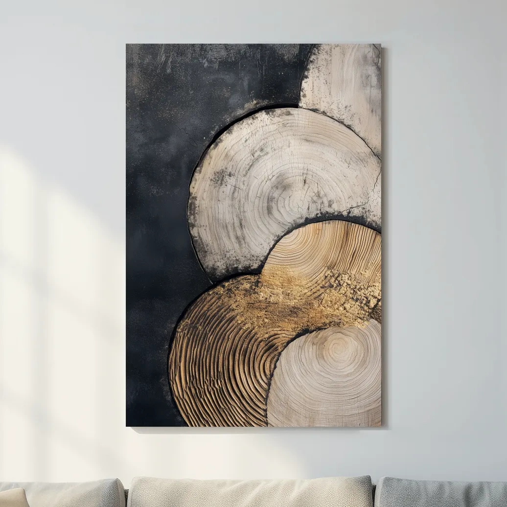 Boho tree ring pattern wall art, textured wood cross-section artwork