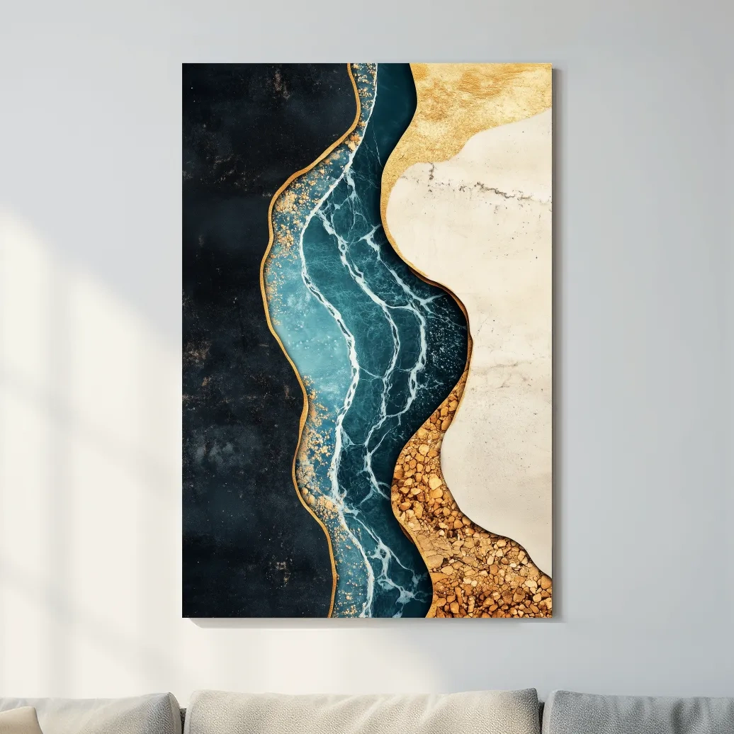Fluid elegant artwork, blue marble river flowing through textured earth tones