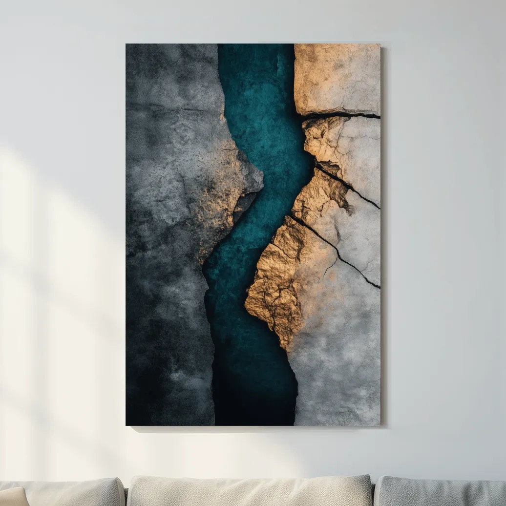 Cracked stone and turquoise abstract wall art, natural geological textured artwork