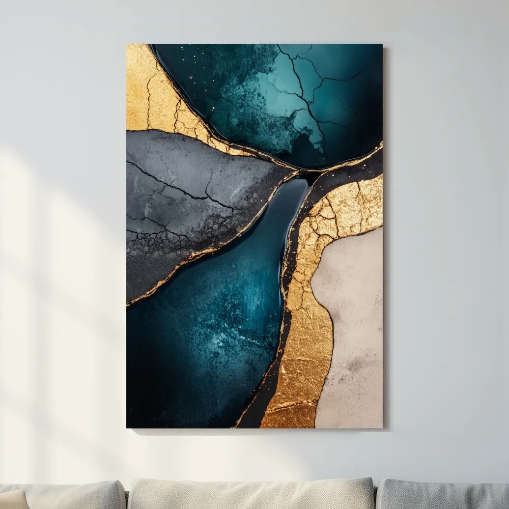 Elegant wall art, gold and teal cracked natural texture elements