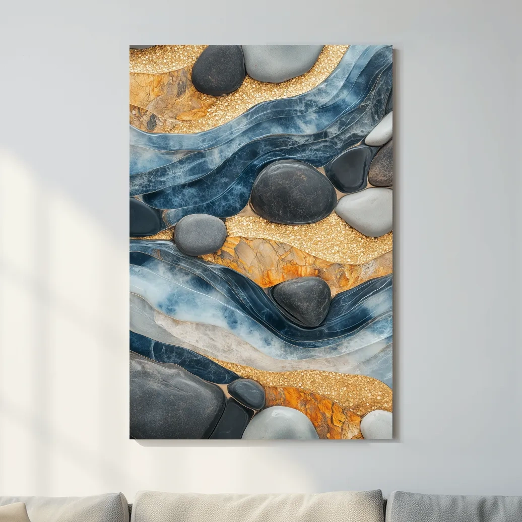 Abstract Blue River Stone Mosaic - Modern Pebble Texture Wall Art