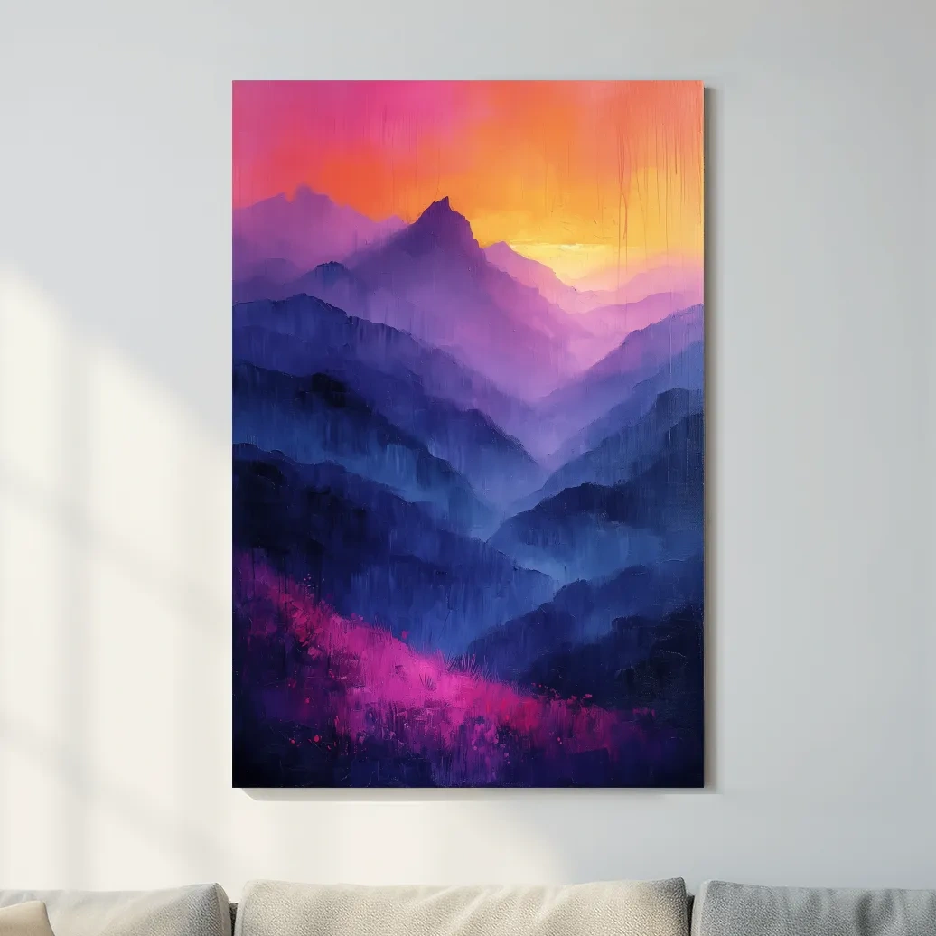 Colorful mountain sunset artwork, vibrant oil painting effect