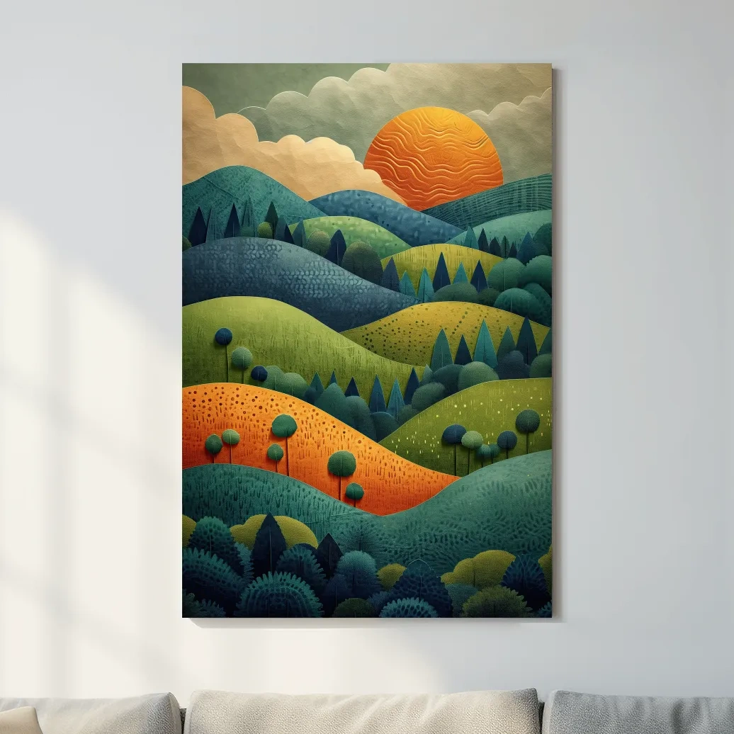 Layered Mountain Sunset Landscape - Mid Century Modern Forest Wall Art