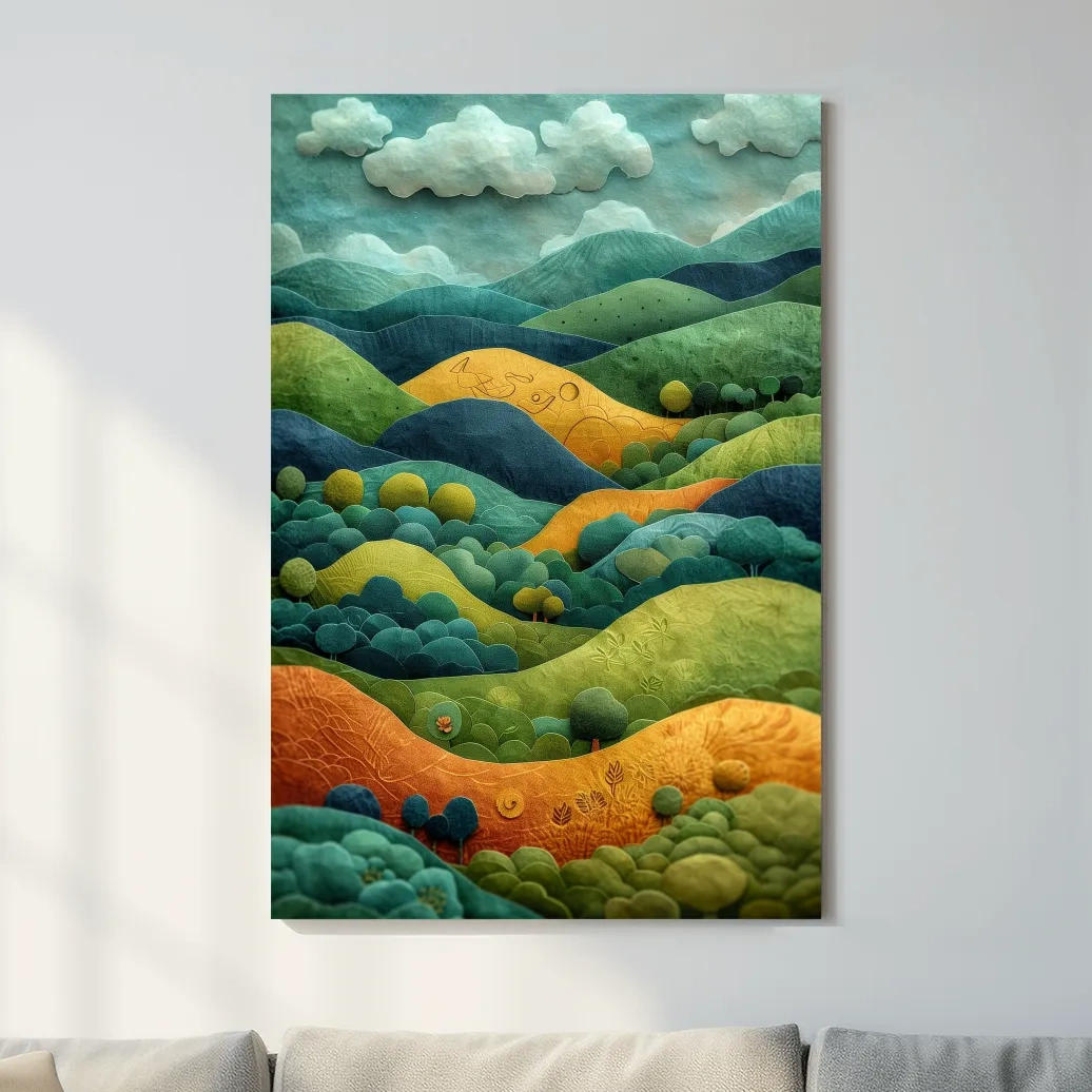 3D Layered Paper Cut Style Mountain Artwork - Whimsical Surreal Landscape Wall Art