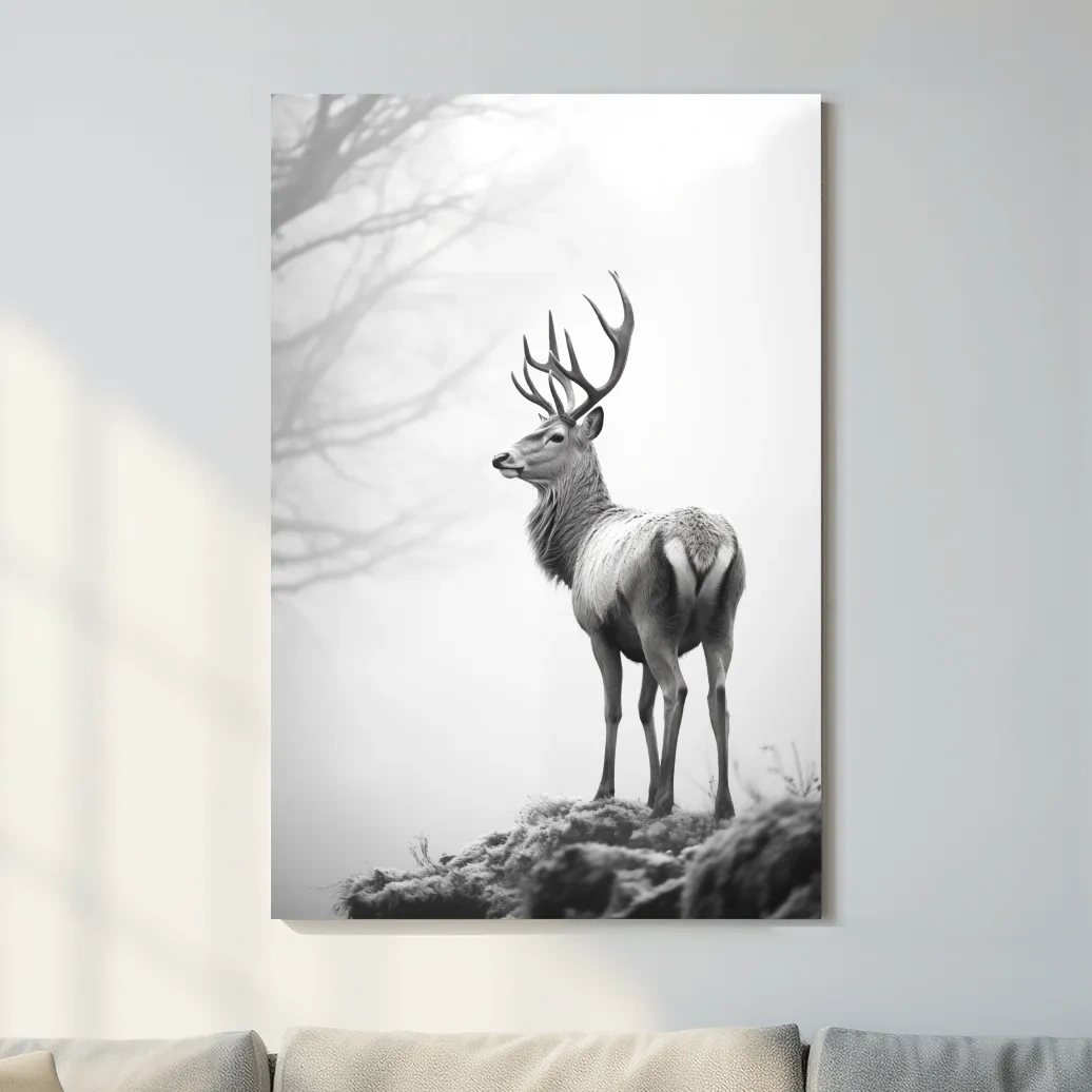 Black and white photograph of a majestic deer on a winter morning, serene wildlife artwork