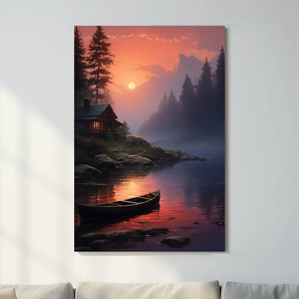 Beautiful painting of a cabin on a misty lake at sunset