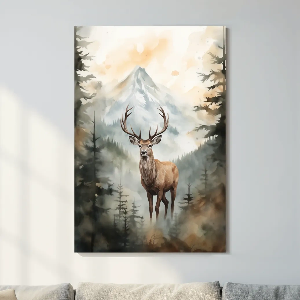 Watercolour painting of a deer standing in a misty forest