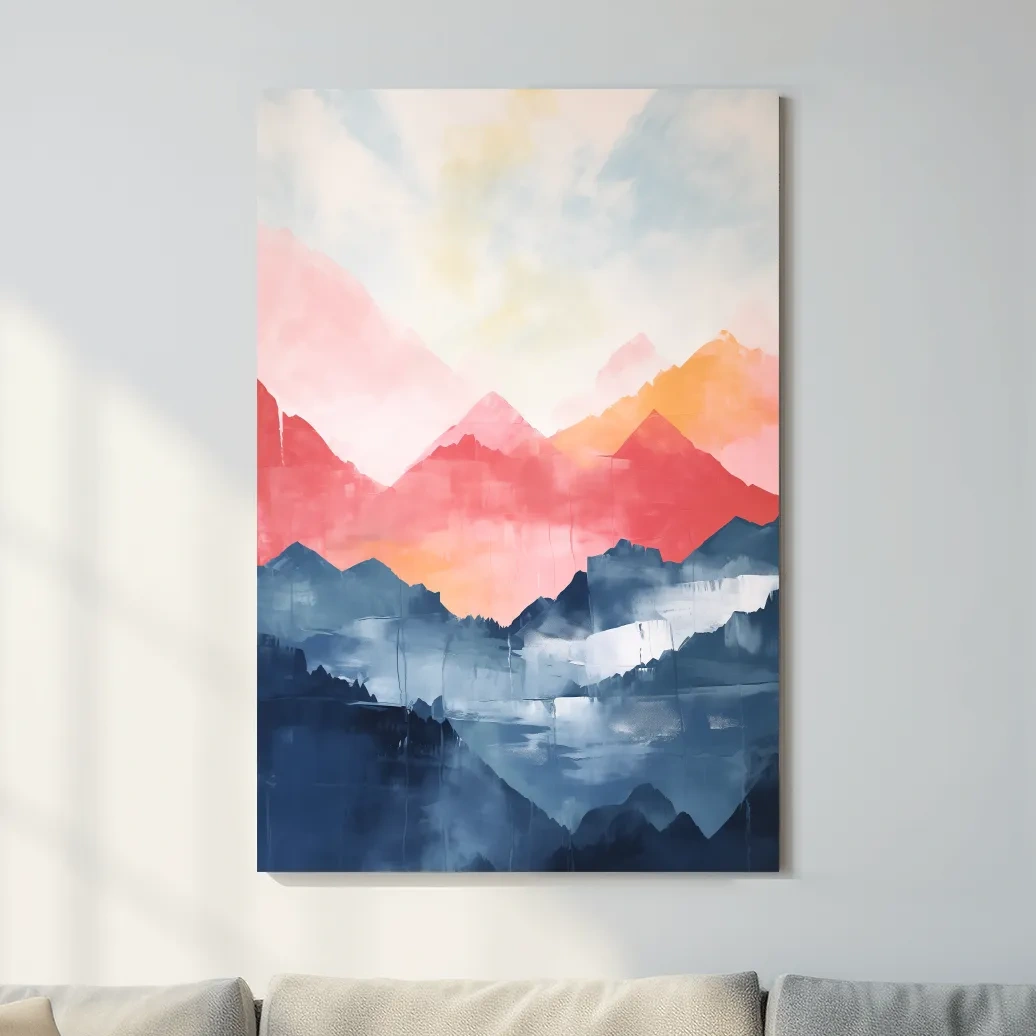 Colorful abstract mountain wall art, vibrant watercolor style painting