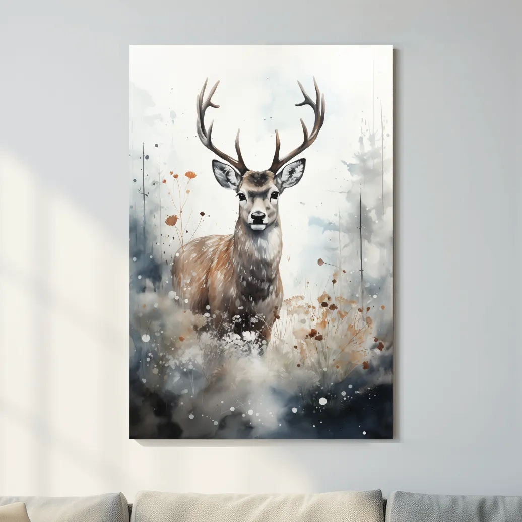 Rough textured watercolour painting of a deer buck standing in the forest