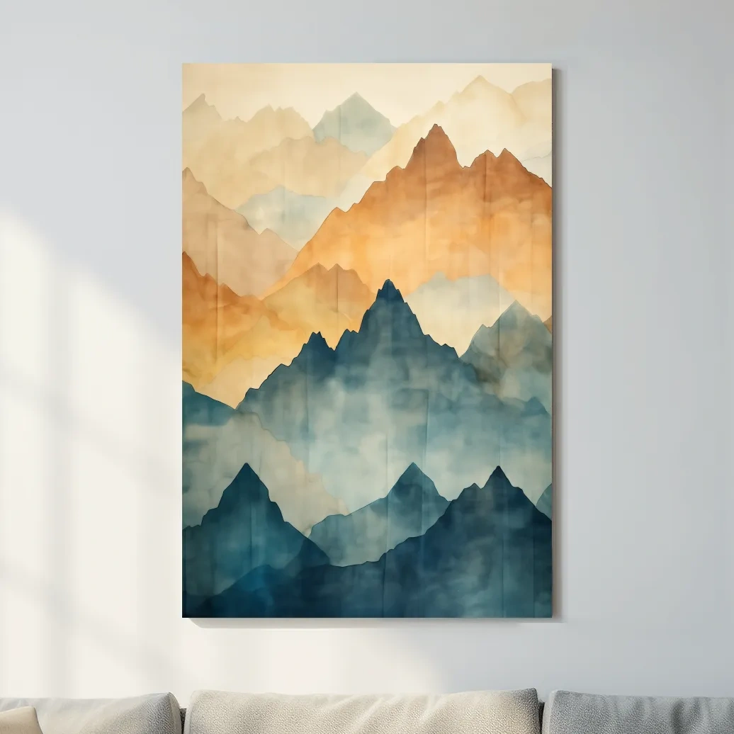 Textured effect watercolour painting of mountain ridgelines in the fog