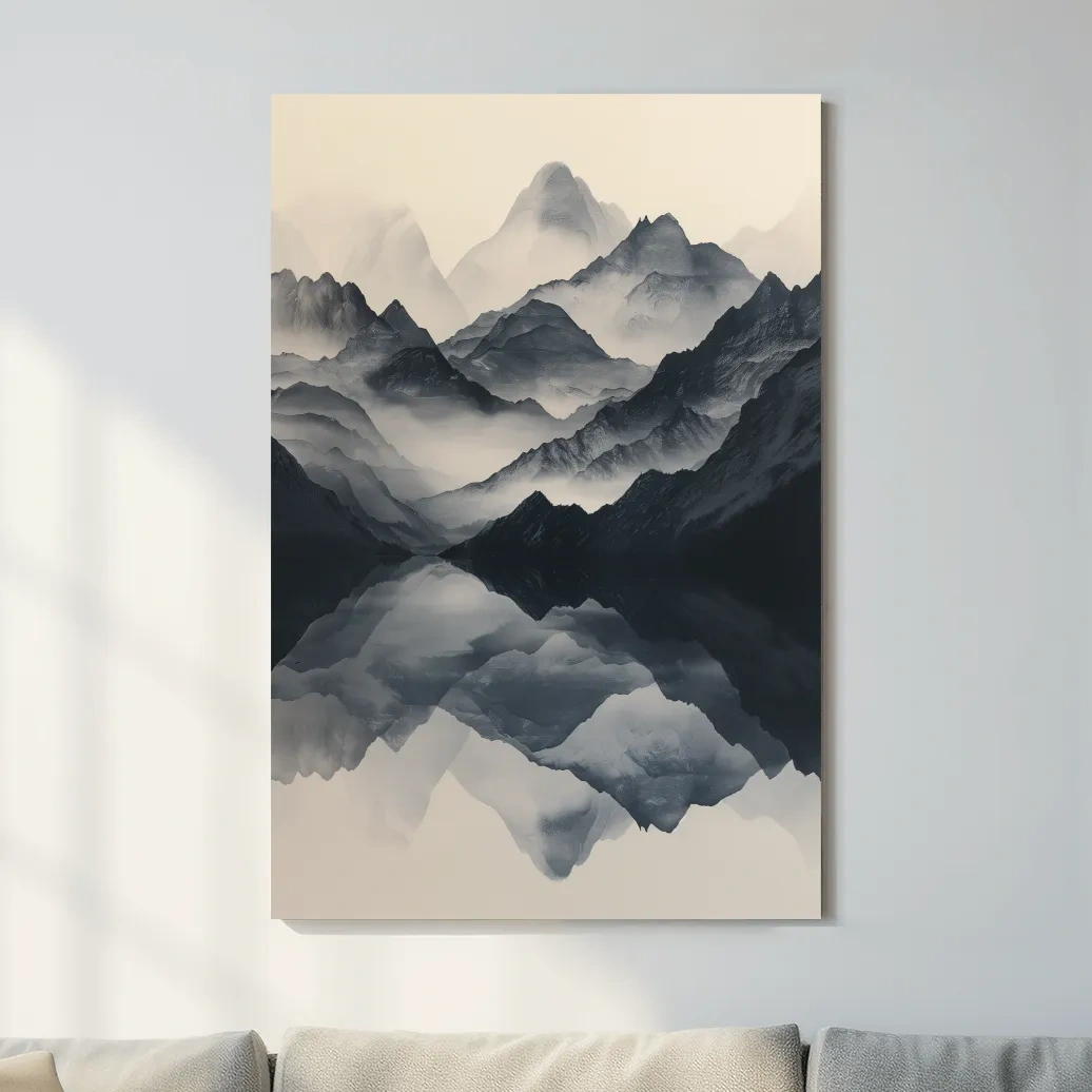 Japandi style mountain artwork, reflective mountain ranges