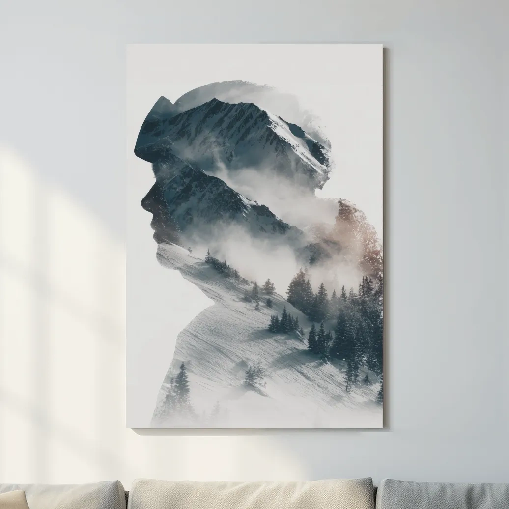 Mountain and skier double exposure wall artwork, blending snow-capped peaks and alpine trees
