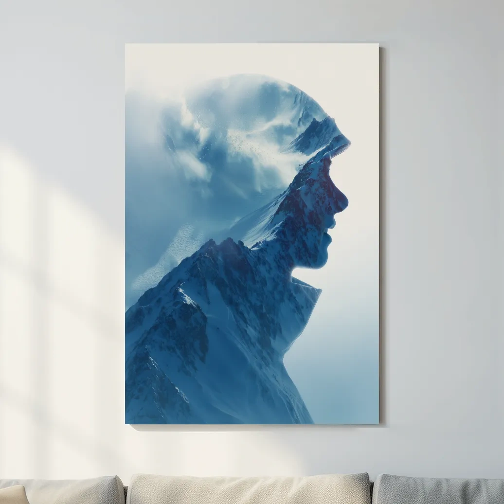 Double exposure skier and alpine mountain photography artwork