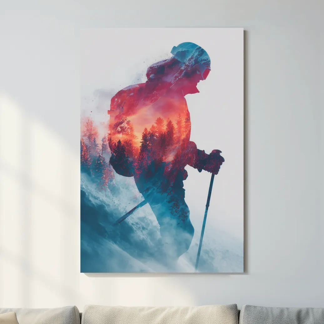 Double Exposure Skiier Silhouette Forest Sunset - Adventure Mountain Landscape Artwork