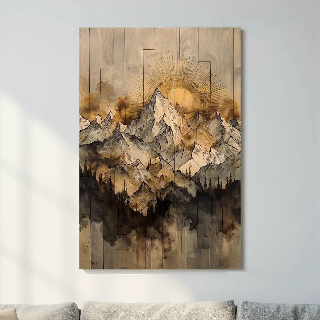 Sunrise Alpine Mountain Range Illustration - Rustic Watercolor Landscape Wall Art
