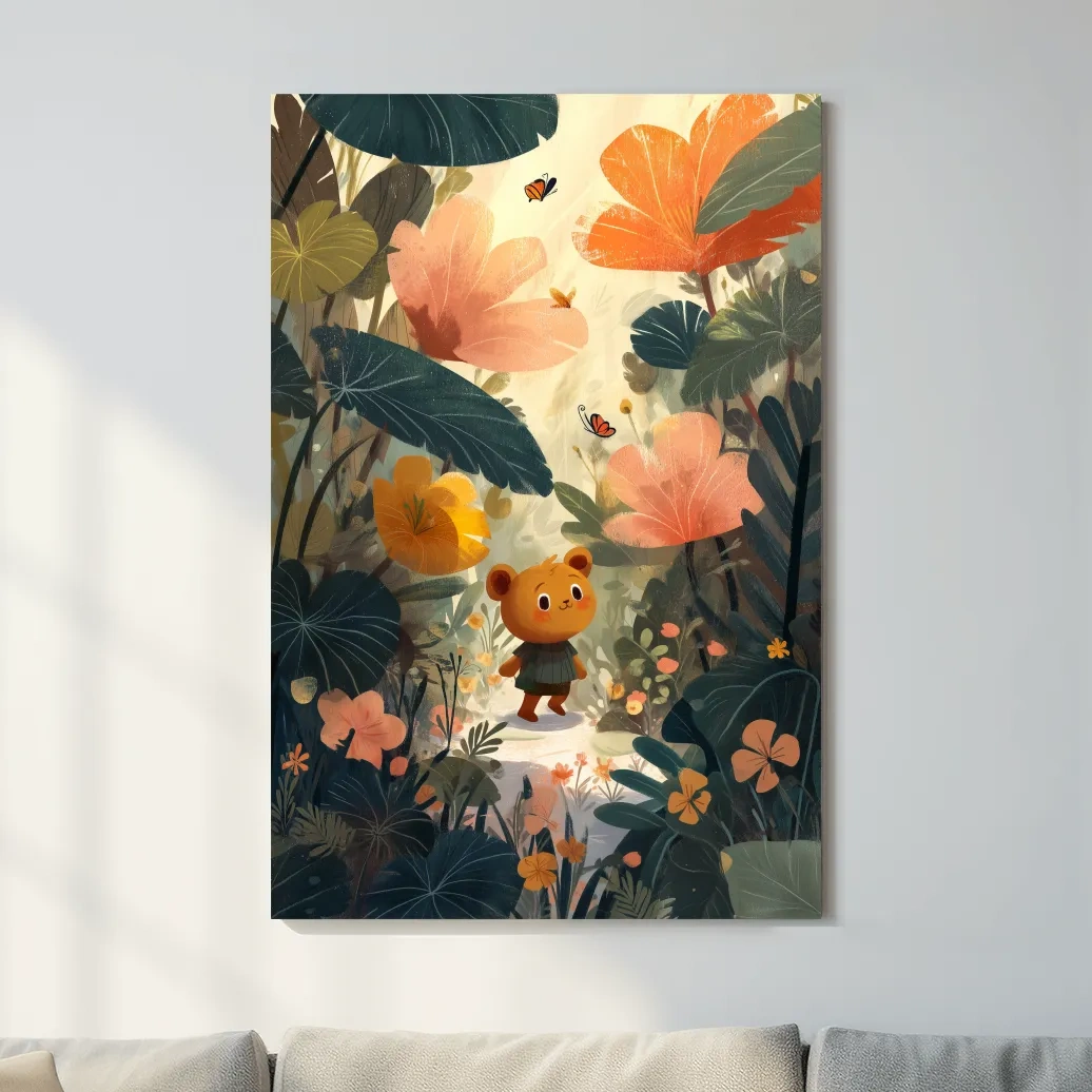 Cute bear in lush forest, whimsical children's wall art