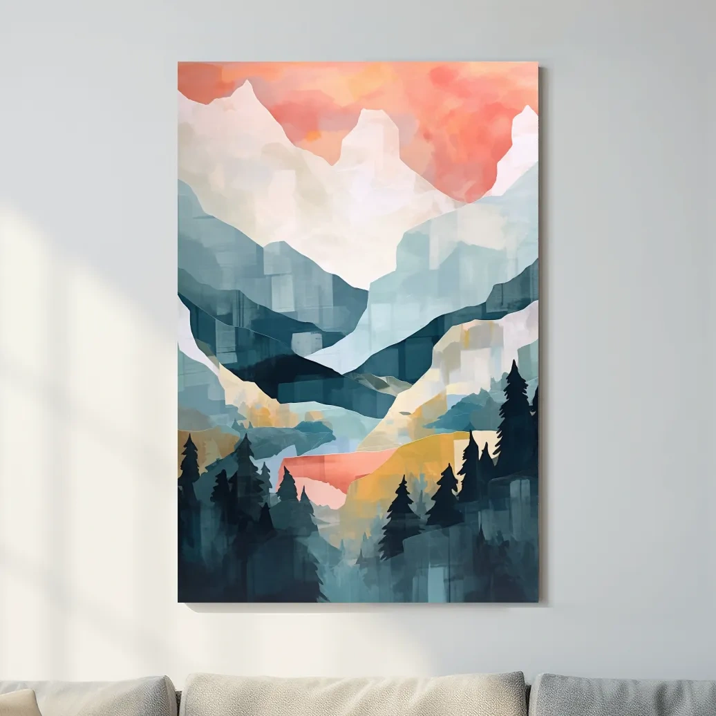 Abstract Watercolor Alpine Mountains At Sunrise - Modern Forest Landscape Artwork
