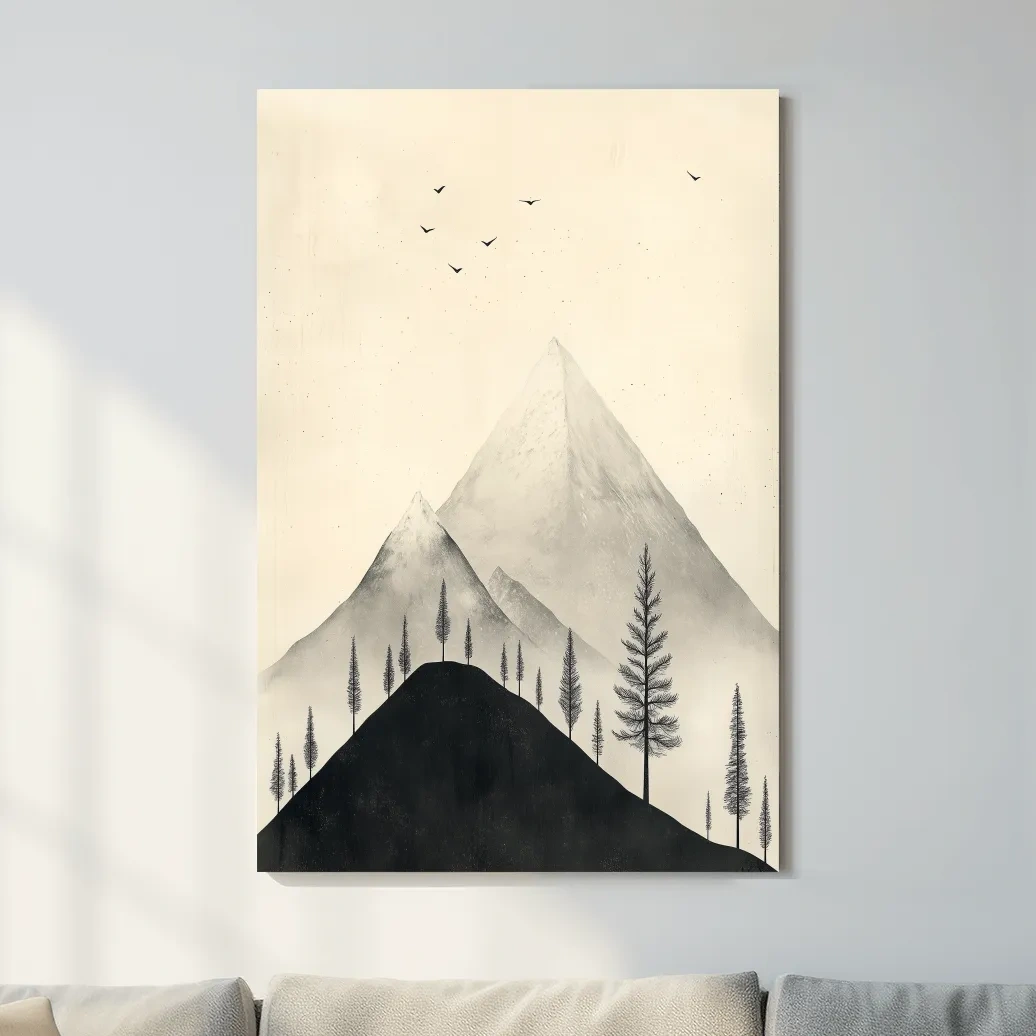 Minimalist Misty Mountain Peaks With Pine Trees - Monochrome Scandinavian Landscape Artwork