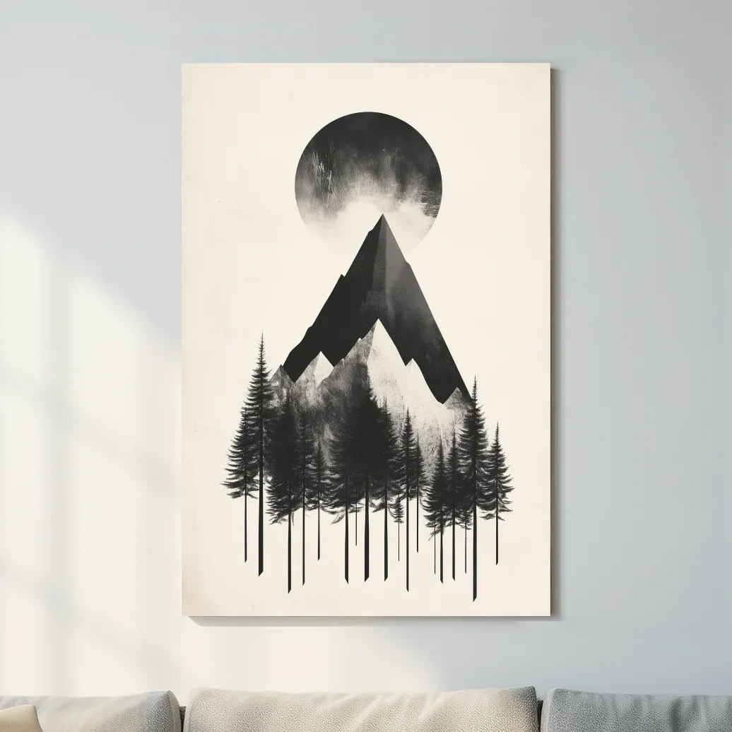 Mystical mountain and forest artwork, monochrome abstract wall art with large moon