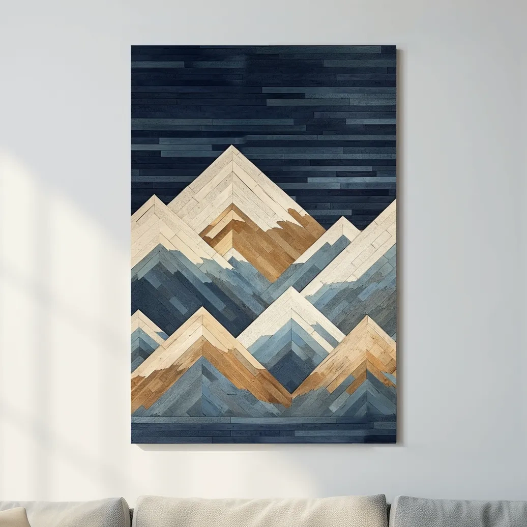 Geometric Layered Mountain Peaks - Wood Texture Landscape Wall Art
